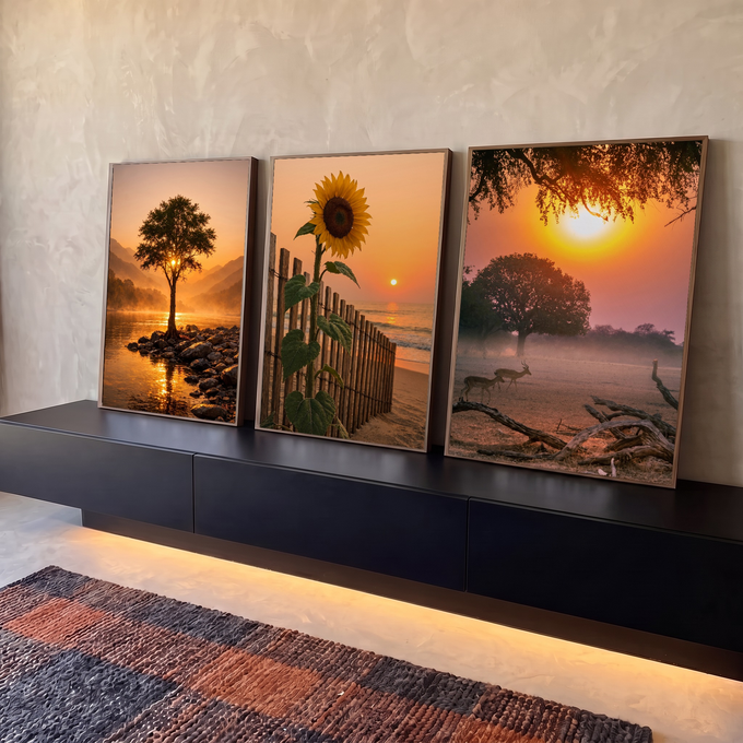 Quadro Decorativo Kit 3 Telas Pôr do Sol Paisagem para Sala | quadros decorativos para sala | tríptico com árvore à beira do rio, girassol à praia e savana ao pôr do sol | em Quadros para Sala | Porao dos Quadros