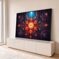 Quadro Decorativo Grande Mandala Fractal para Sala Laranja | quadros decorativos para sala | mandala fractal simétrico em laranja e azul com ponto de luz central | em Quadros para Sala | Porao dos Quadros