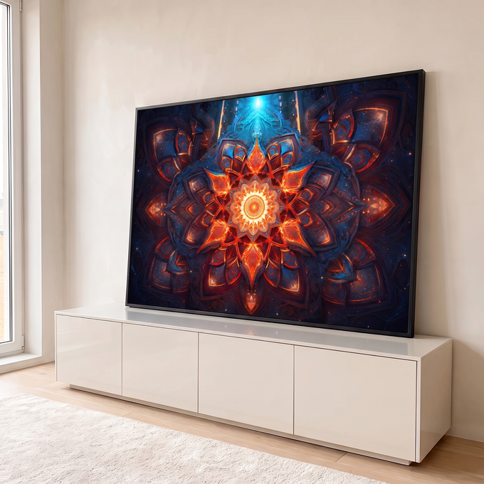 Quadro Decorativo Grande Mandala Fractal para Sala Laranja | quadros decorativos para sala | mandala fractal simétrico em laranja e azul com ponto de luz central | em Quadros para Sala | Porao dos Quadros