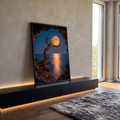 Lua cheia dourada refletida no mar noturno, vista de uma gruta com árvore retorcida, quadro decorativo