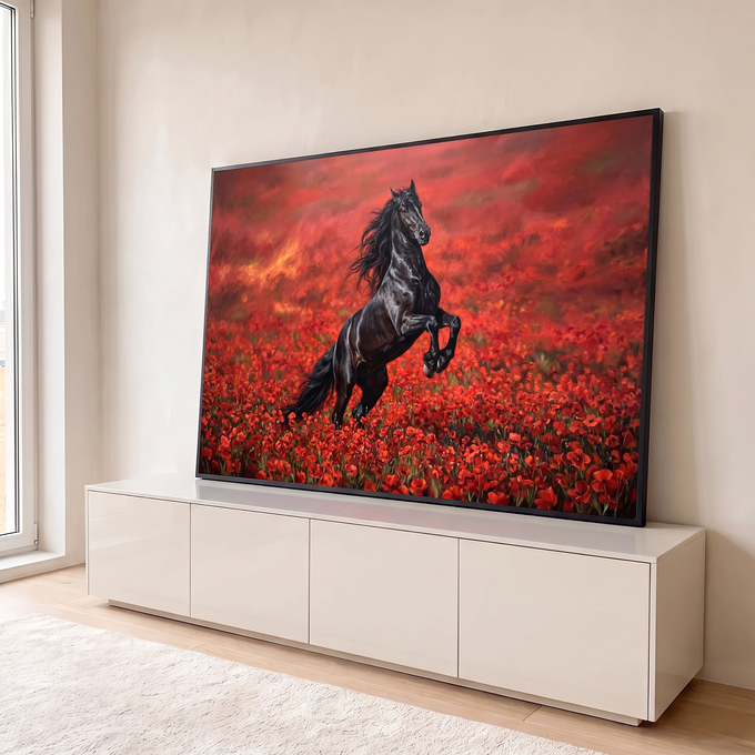 Pintura de cavalo preto empinado com a crina ao vento em um campo de papoulas vermelhas, quadro decorativo