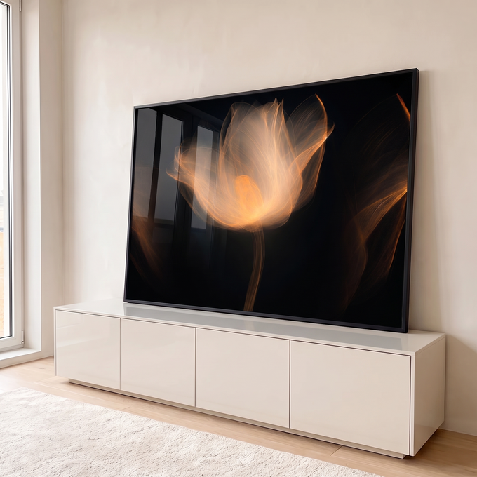 Quadro Decorativo Grande Flor de Luz Dourada para Sala Preto | quadros decorativos para sala | flor abstrata feita de linhas de luz dourada e laranja sobre fundo preto | em Quadros para Sala | Porao dos Quadros