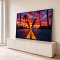 Quadro Decorativo Grande Avenida de Palmeiras para Sala | quadros decorativos para sala | avenida com palmeiras e pôr do sol laranja e roxo intenso ao fundo | em Quadros para Sala | Porao dos Quadros