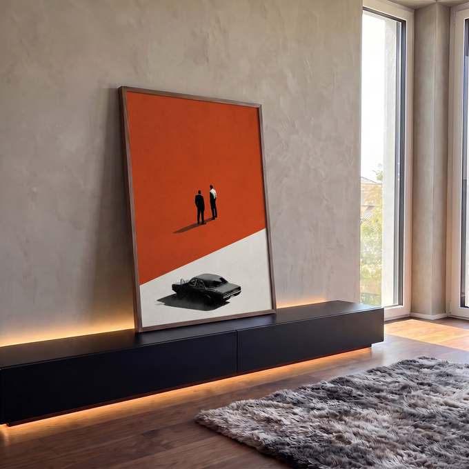 Quadro Decorativo Dois Homens e Carro Antigo em Laranja | quadros decorativos para sala | dois homens de costas observando carro antigo em fundo laranja diagonal | em Quadros para Sala | Porao dos Quadros