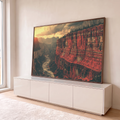 Quadro Decorativo Cânion Vermelho com Rio ao Pôr do Sol | quadros decorativos para sala | cânion de rocha vermelha com rio sinuoso e céu dramático ao pôr do sol | em Quadros para Sala | Porao dos Quadros
