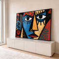 Quadro Decorativo Rosto Tribal Geométrico em Azul Vermelho | quadros decorativos para sala | rosto estilizado geométrico em azul, vermelho e dourado com padrões tribais | em Quadros para Sala | Porao dos Quadros