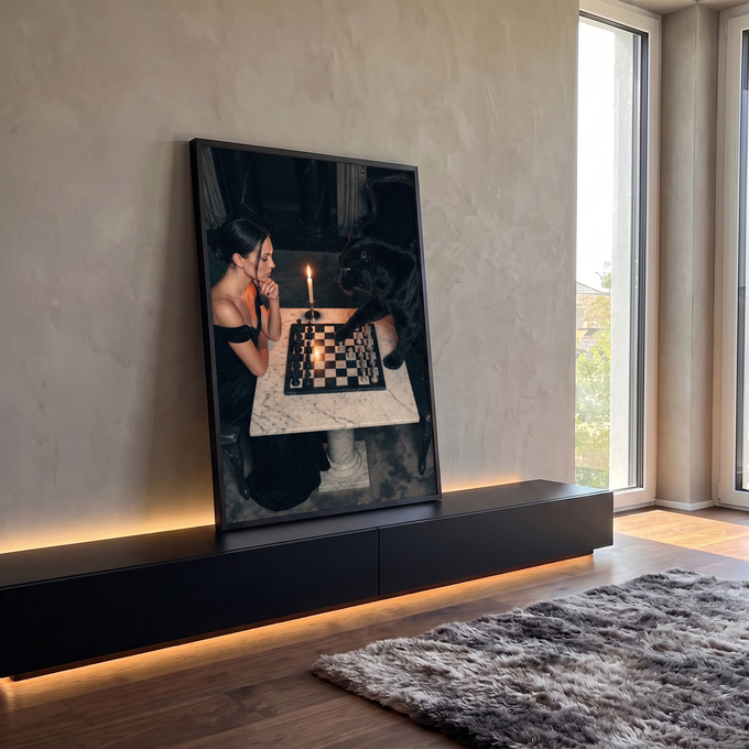 Mulher de vestido preto joga xadrez com pantera negra em mesa de mármore à luz de vela, quadro decorativo