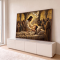 Jesus cura jovem acamada sob luz dourada e pomba branca, cercado por fiéis, pintura quadro decorativo