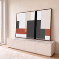 Abstrato geométrico com blocos cinza, terracota e verde musgo cortados por faixa preta, quadro decorativo