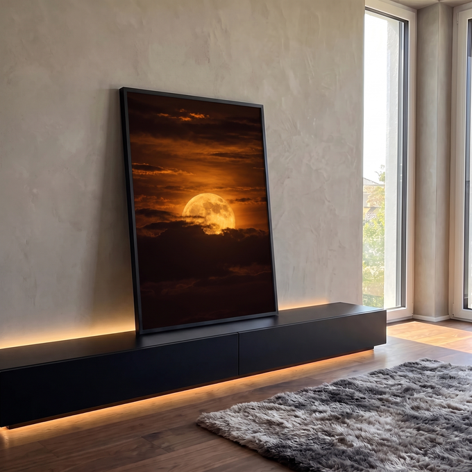 Quadro Decorativo Grande Lua Cheia Dourada para Sala Laranja | quadros decorativos para sala | lua cheia dourada surgindo entre nuvens escuras num céu alaranjado de pôr do sol | Porao dos Quadros
