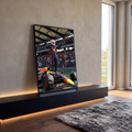 Quadro Decorativo Grande Piloto de Corrida para Sala Azul | quadros decorativos para sala | piloto de corrida em pé sobre o carro comemorando com os braços erguidos | em Quadros para Sala | Porao dos Quadros