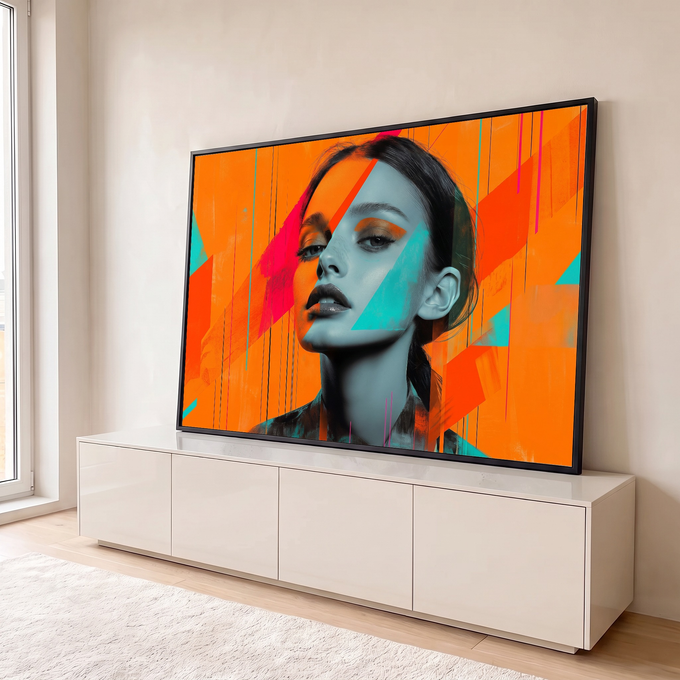 Rosto de mulher em cinza com triângulos turquesa e pink sobre fundo laranja, quadro decorativo