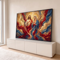Jesus e Nossa Senhora com corações em chamas entre véus vermelhos, azuis e dourados, quadro decorativo