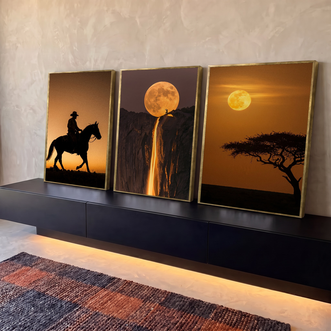 Quadro Decorativo Kit 3 Telas Lua Cheia para Sala Laranja | quadros decorativos para sala | tríptico com cavaleiro, lua cheia sobre penhasco e savana africana em tons laranja | em Quadros para Sala | Porao dos Quadros