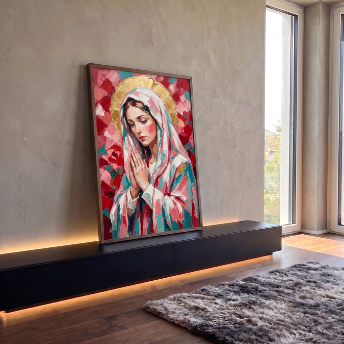 Quadro Decorativo Grande Nossa Senhora Vermelho para Sala | quadros decorativos para sala | Nossa Senhora em oração com véu rosa e turquesa, auréola dourada sobre fundo de rosas vermelhas | em Quadros para Sala | Porao dos Quadros