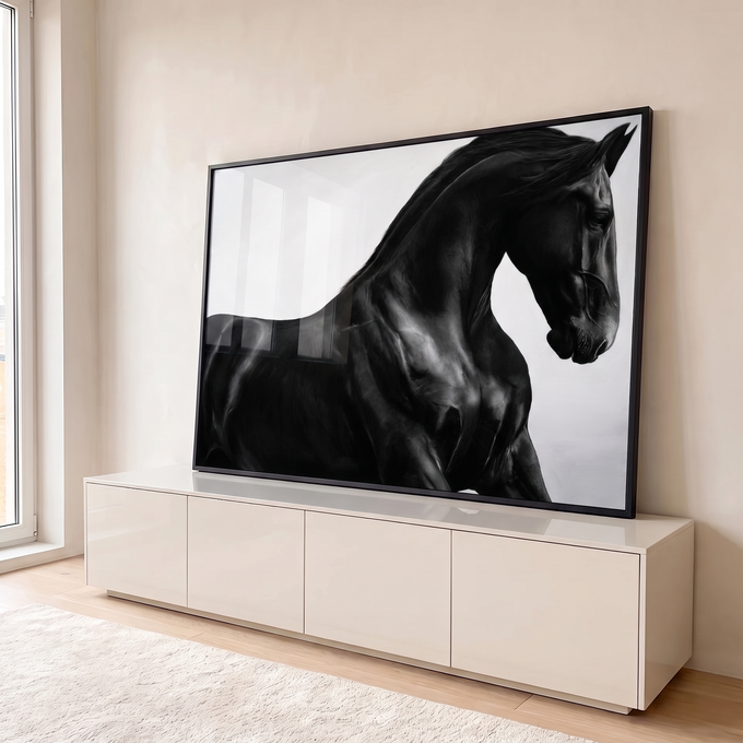 Quadro Decorativo Grande Cavalo em Movimento para Sala Preto | quadros decorativos para sala | cavalo preto em close com crina ao vento sobre fundo branco | em Quadros para Sala | Porao dos Quadros