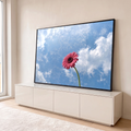 Flor gerbera rosa de caule verde contra céu azul com nuvens brancas, fotografia, quadro decorativo