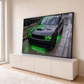 Quadro Decorativo Grande Carro Luzes Verdes para Sala Cinza | quadros decorativos para sala | carro esportivo cinza com faróis em anéis de luz verde neon sobre piso molhado | em Quadros para Sala | Porao dos Quadros