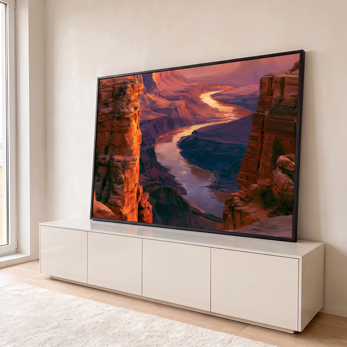 Quadro Decorativo Cânion e Rio Dourado ao Pôr do Sol | quadros decorativos para sala | cânion de rocha vermelha com rio dourado serpenteante ao pôr do sol | em Quadros para Sala | Porao dos Quadros