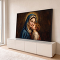 Quadro Decorativo Grande Nossa Senhora Classicismo para Sala | quadros decorativos para sala | mulher com véu azul e auréola dourada abraçando criança de cabelos cacheados ruivos | em Quadros para Sala | Porao dos Quadros