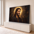 Quadro Decorativo Grande Jesus Auréola para Sala Dourado | quadros decorativos para sala | retrato de Jesus Cristo sorrindo com halo dourado radiante sobre fundo escuro | em Quadros para Sala | Porao dos Quadros