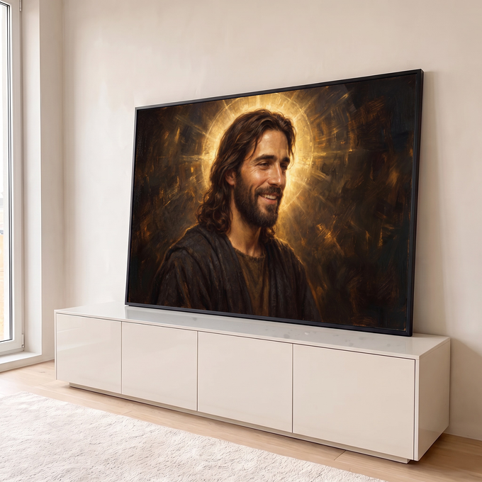Quadro Decorativo Grande Jesus Auréola para Sala Dourado | quadros decorativos para sala | retrato de Jesus Cristo sorrindo com halo dourado radiante sobre fundo escuro | em Quadros para Sala | Porao dos Quadros