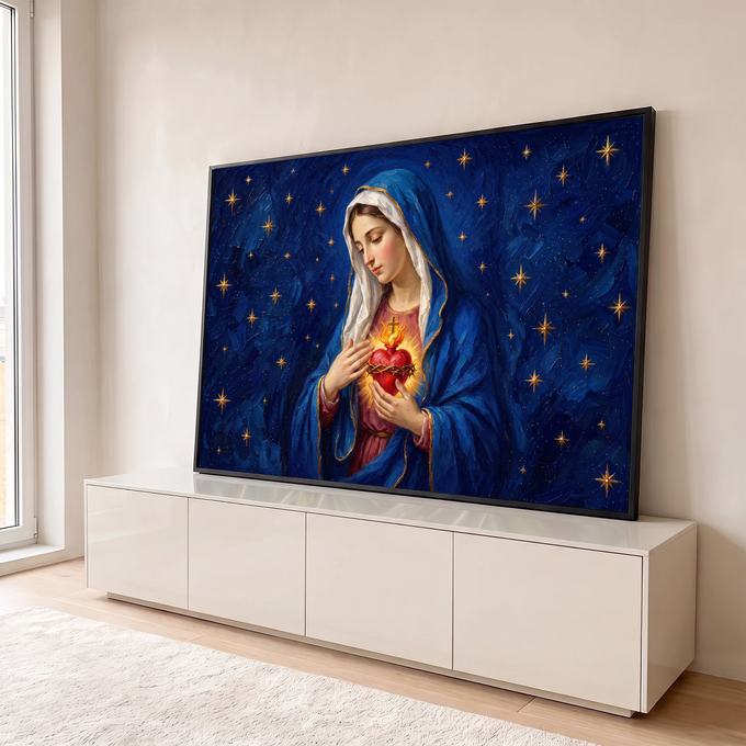 Quadro Decorativo Grande Nossa Senhora do Sagrado para Sala | quadros decorativos para sala | Nossa Senhora de manto azul segurando coração em chamas sob céu estrelado dourado | em Quadros para Sala | Porao dos Quadros