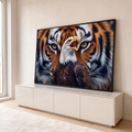 Águia-careca gritando à frente do rosto de um tigre de olhos âmbar, arte digital, quadro decorativo