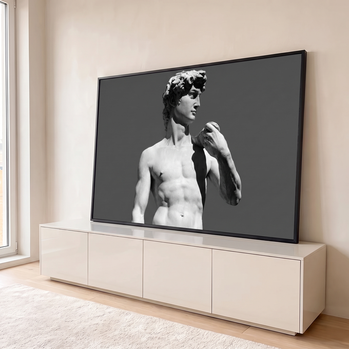 Quadro Decorativo Grande Estátua do David para Sala Cinza | quadros decorativos para sala | estátua clássica do David em preto e branco, torso e rosto em perfil | em Quadros para Sala | Porao dos Quadros