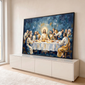 Santa Ceia com Jesus e apóstolos em pinceladas a óleo azuis e douradas, quadro decorativo