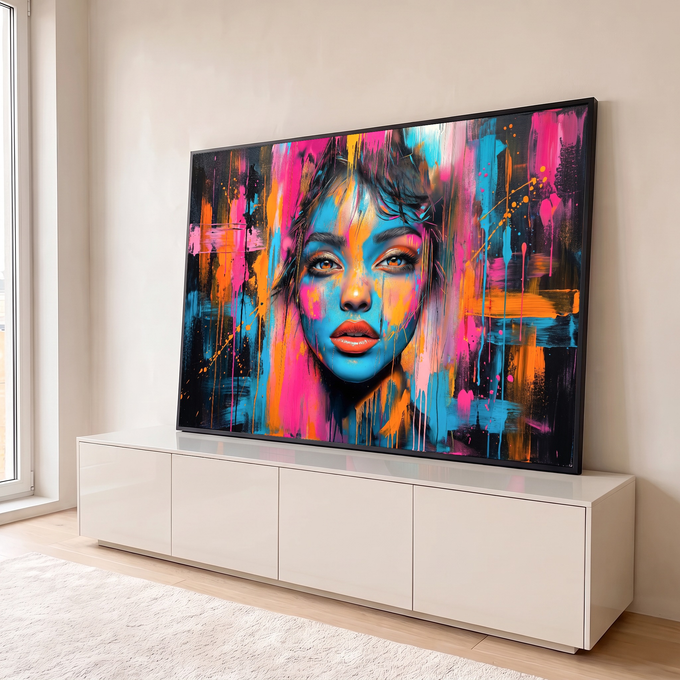 Quadro Decorativo Grande Retrato Feminino Azul para Sala | quadros decorativos para sala | rosto feminino pintado em azul laranja e rosa com tinta escorrida ao fundo | em Quadros para Sala | Porao dos Quadros