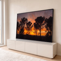 Quadro Decorativo Grande Pôr do Pinheiros para Sala | quadros decorativos para sala | silhuetas de pinheiros contra céu laranja e roxo ao entardecer | em Quadros para Sala | Porao dos Quadros
