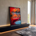Quadro Decorativo Canoa Vermelha em Lago no Outono | quadros decorativos para sala | canoa vermelha vazia flutuando em lago espelhado cercado por árvores de outono coloridas | em Quadros para Sala | Porao dos Quadros