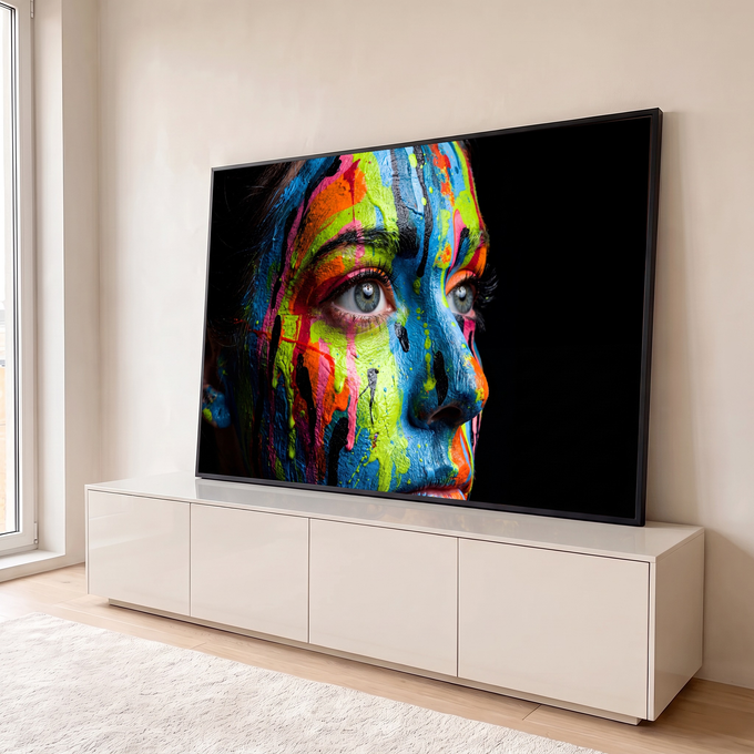 Rosto de mulher pintado com tinta azul, verde e laranja escorrendo sobre fundo preto, quadro decorativo