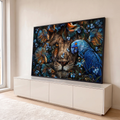 Rosto de leão entre flores azuis, peixes betta e arara-azul em arte digital, quadro decorativo