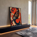 Quadro Decorativo Retrato Feminino com Turbante Laranja | quadros decorativos para sala | retrato de mulher com turbante estampado laranja e azul e maquiagem dourada | em Quadros para Sala | Porao dos Quadros
