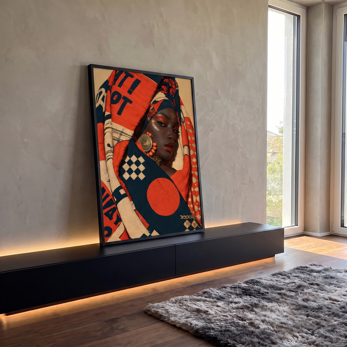 Quadro Decorativo Retrato Feminino com Turbante Laranja | quadros decorativos para sala | retrato de mulher com turbante estampado laranja e azul e maquiagem dourada | em Quadros para Sala | Porao dos Quadros
