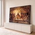 Quadro Decorativo Grande Santa Ceia Jesus Cristo para Sala | quadros decorativos para sala | Jesus partindo o pão cercado por apóstolos em mesa de pedra com luz dourada | em Quadros para Sala | Porao dos Quadros