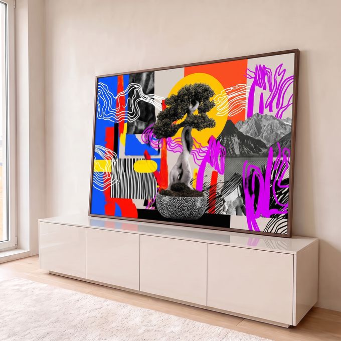 Quadro Decorativo Grande Bonsai em Colagem para Sala Azul | quadros decorativos para sala | bonsai realista com fundo colorido geométrico estilo colagem pop art | em Quadros para Sala | Porao dos Quadros