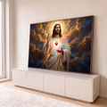 Jesus abençoando com o Sagrado Coração radiante, raios de luz e nuvens douradas, quadro decorativo