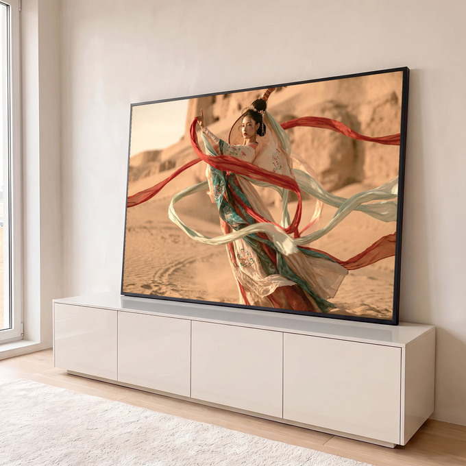Mulher oriental em hanfu dançando com fitas vermelhas e verdes nas dunas do deserto, quadro decorativo
