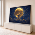 Quadro Decorativo Grande Árvore Dourada da Vida para Sala | quadros decorativos para sala | árvore dourada iluminada diante de uma lua cheia em céu estrelado | em Quadros para Sala | Porao dos Quadros