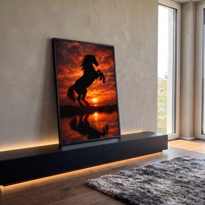 Silhueta de cavalo empinado contra pôr do sol laranja com reflexo no lago, quadro decorativo