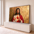 Jesus com Sagrado Coração em chamas, manto vermelho e auréola sobre fundo dourado, quadro decorativo