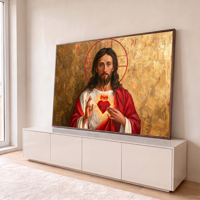 Jesus com Sagrado Coração em chamas, manto vermelho e auréola sobre fundo dourado, quadro decorativo
