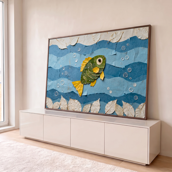 Peixe feito de folhas secas verdes e amarelas entre ondas de papel azul e bolhas de água, quadro decorativo