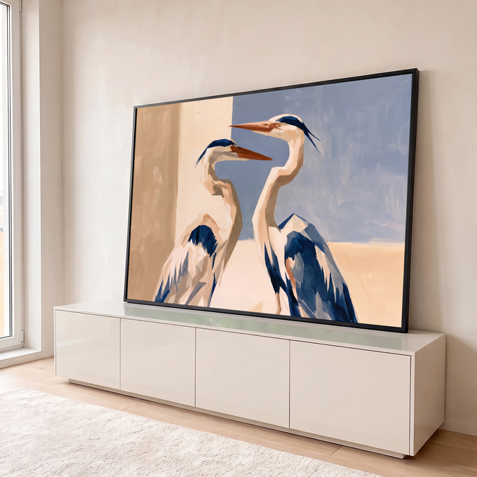 Quadro Decorativo Grande Duas Garças para Sala Azul | quadros decorativos para sala | duas garças brancas e azuis com bicos laranja entrelaçando os pescoços | em Quadros para Sala | Porao dos Quadros