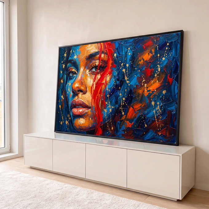 Rosto de mulher em óleo com espátula, azul e laranja, mecha vermelha e respingos dourados, quadro decorativo