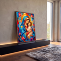 Quadro Decorativo Grande Nossa Senhora Véu Azul para Sala | quadros decorativos para sala | Nossa Senhora de véu azul abraçando o Menino Jesus com auréolas douradas e fundo colorido | em Quadros para Sala | Porao dos Quadros