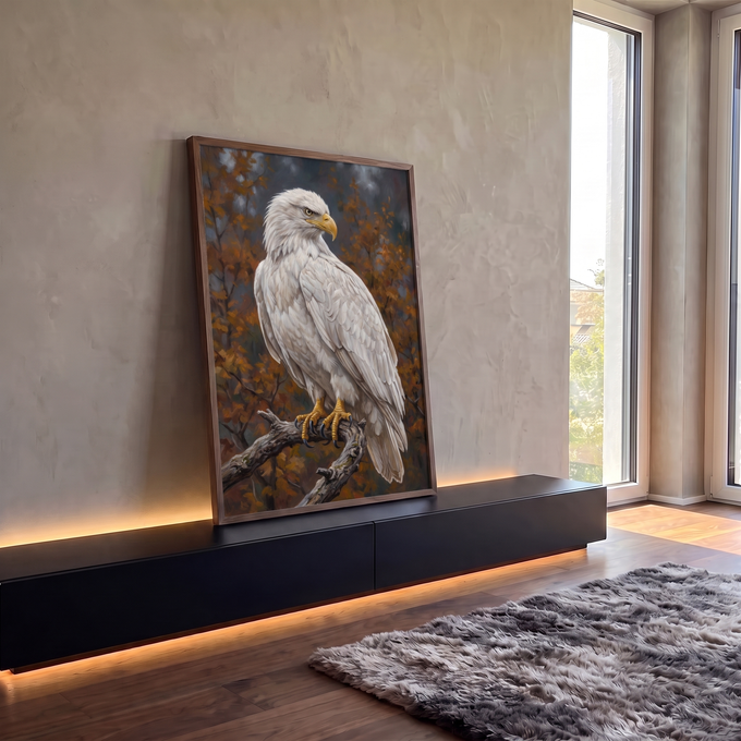 Águia branca pousada em galho seco entre folhas de outono laranja, pintura a óleo, quadro decorativo